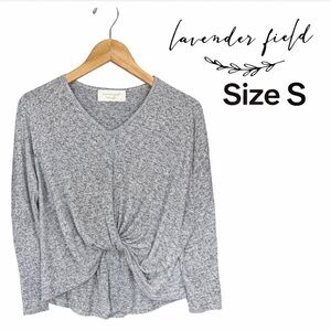 Lavender Field Women’s Gray Twist Front V Neck Top size Small Long Sleeve